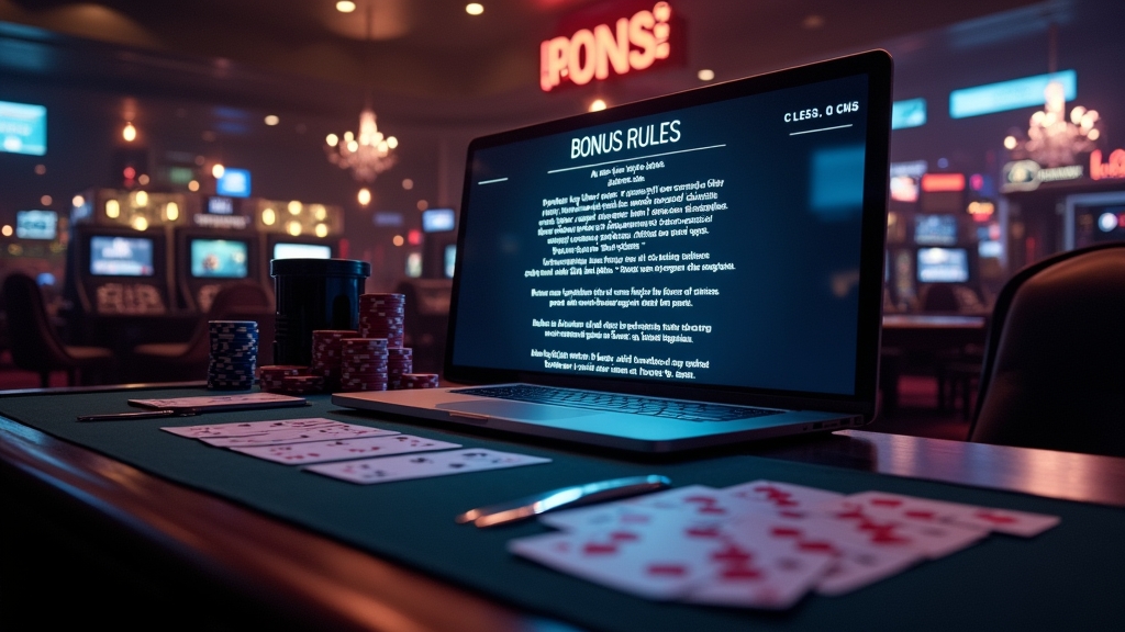 Casino bonus rules table displayed on a dark screen with chips around it