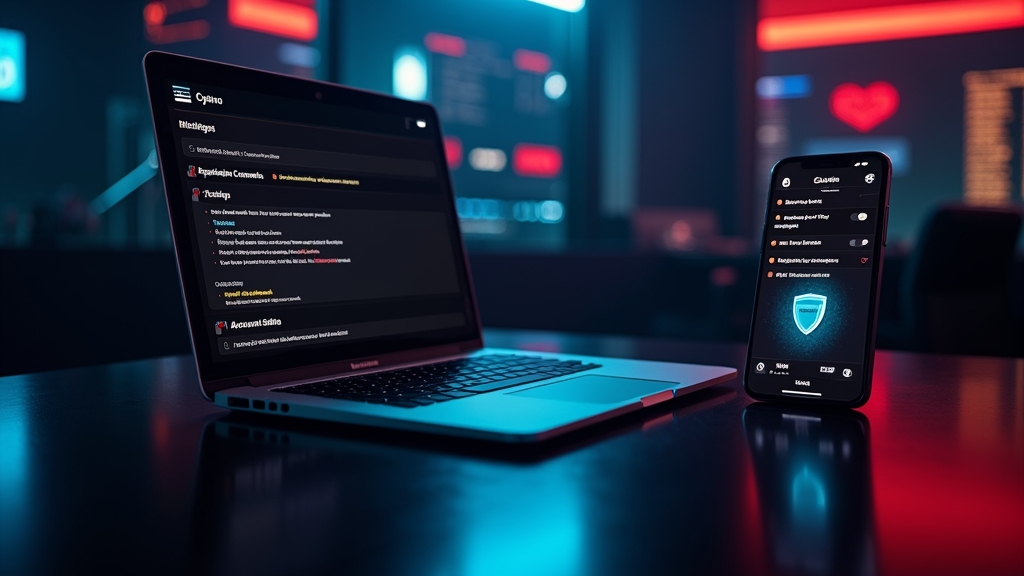 A laptop and phone displaying account settings and security alerts in a neon casino scene