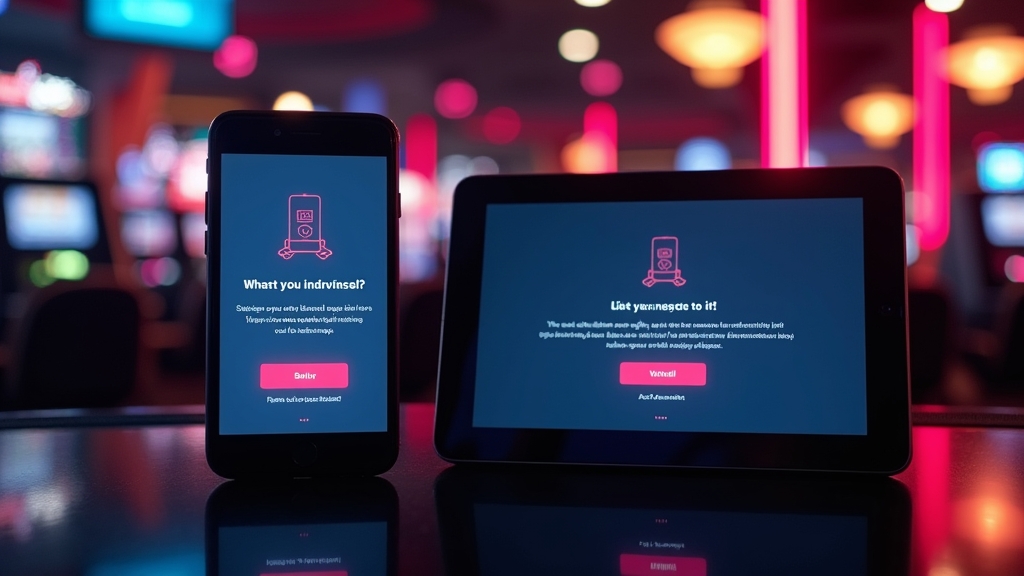 Android phone and tablet showing installation screens in a casino-themed scene