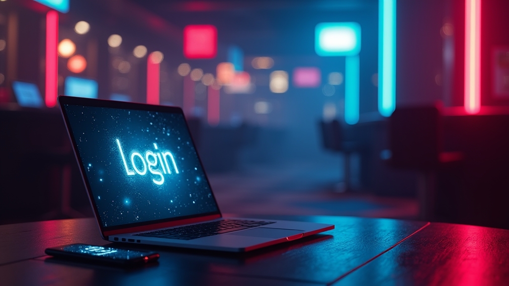 A laptop with a stalled login page beside a phone in a dark neon casino environment