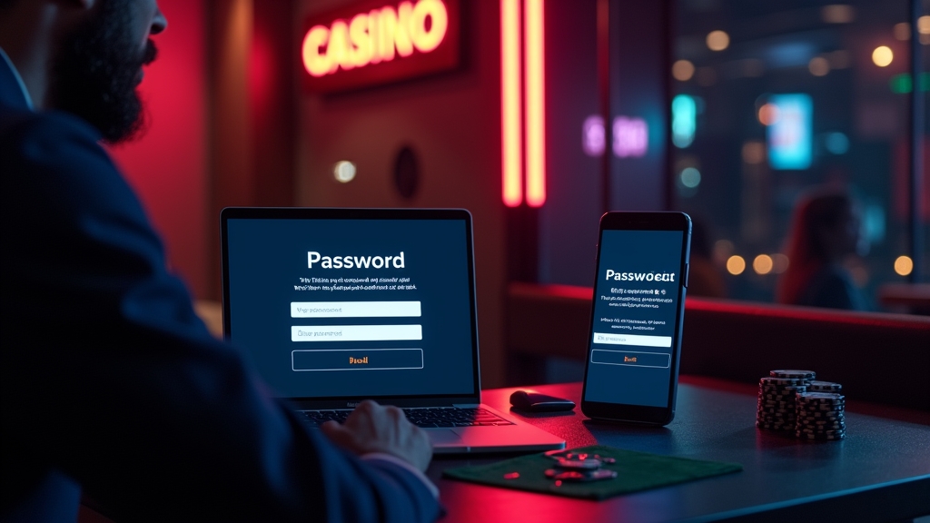 A user recovering login access with a reset screen and verification phone in a dark casino setting