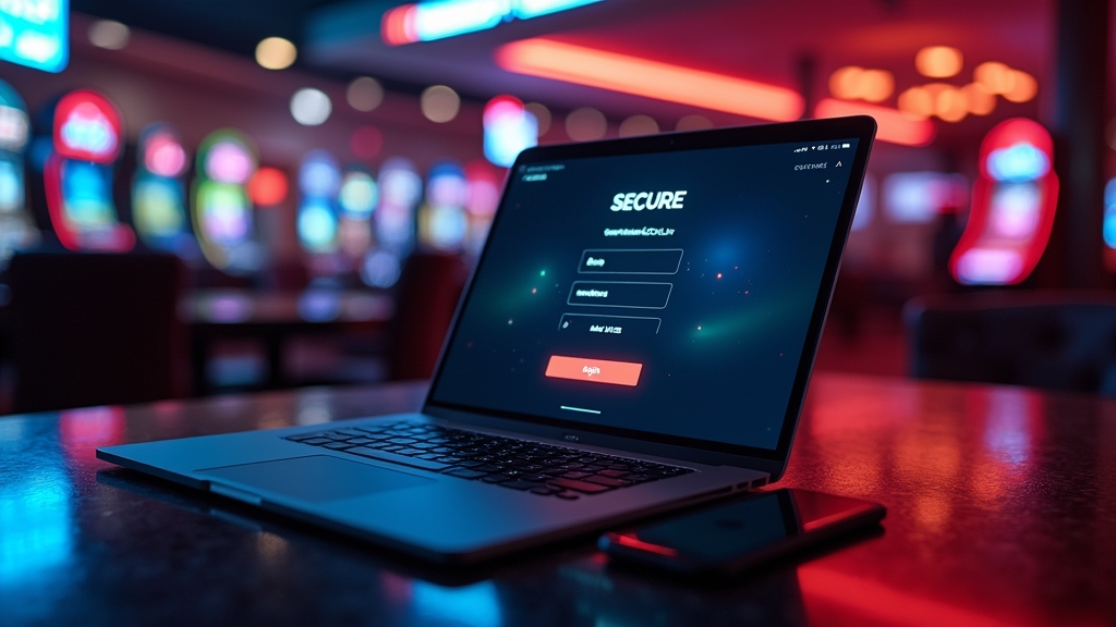 A user preparing to log in on a laptop in a dark neon casino setting