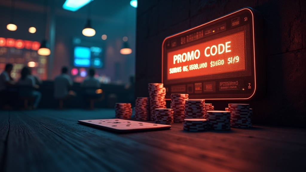 Dark casino screen showing a promo code banner and bonus panel