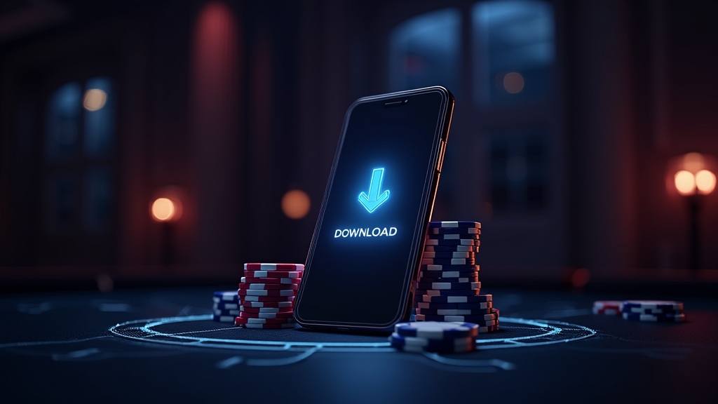 Phone download screen beside casino chips in a dark neon setting